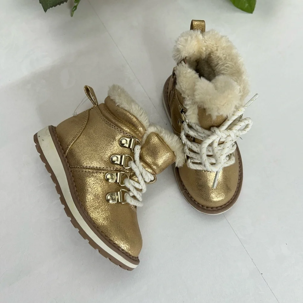 Kids Metallic Gold Faux-Fur Lined Winter Boots